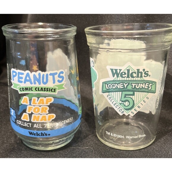 Set of 2 Welchs VTG 1994 Looney Tunes & 2001 Peanuts Jelly Jars Drinking Glasses - Picture 3 of 10